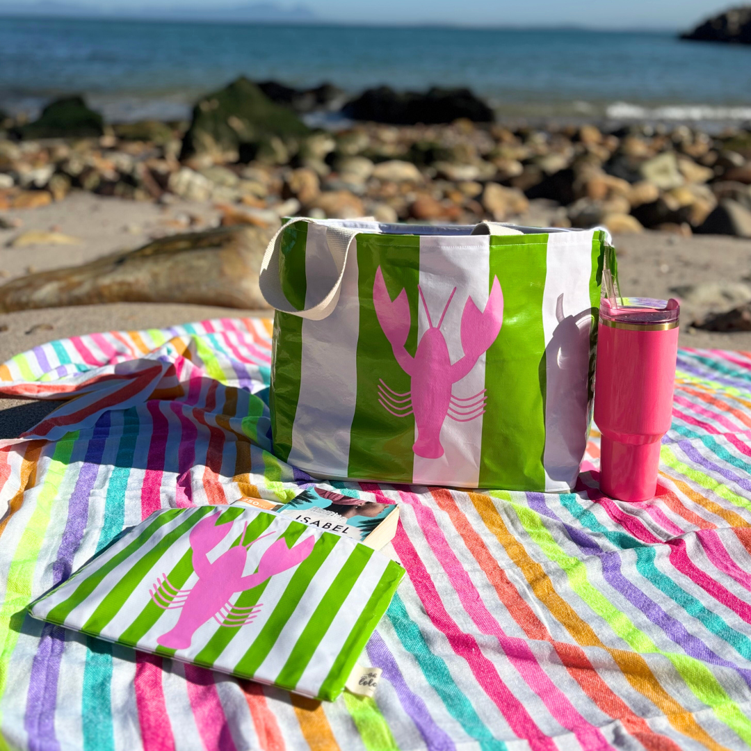 Green and white striped beach bag and pouch with pink lobster design on colorful striped beach towel at rocky shore