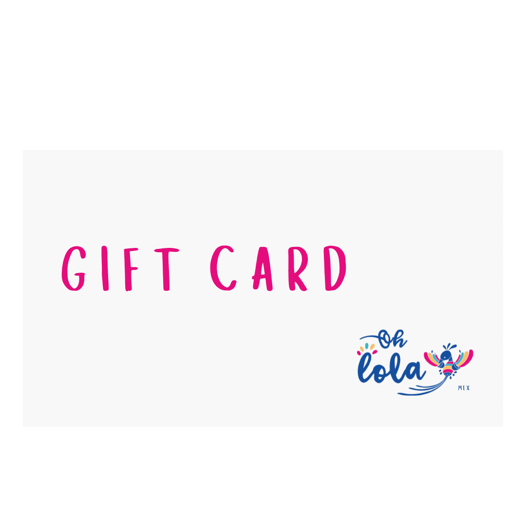 White gift card with pink text reading 'GIFT CARD' and colorful 'Oh Lola MEX' logo with bird illustration