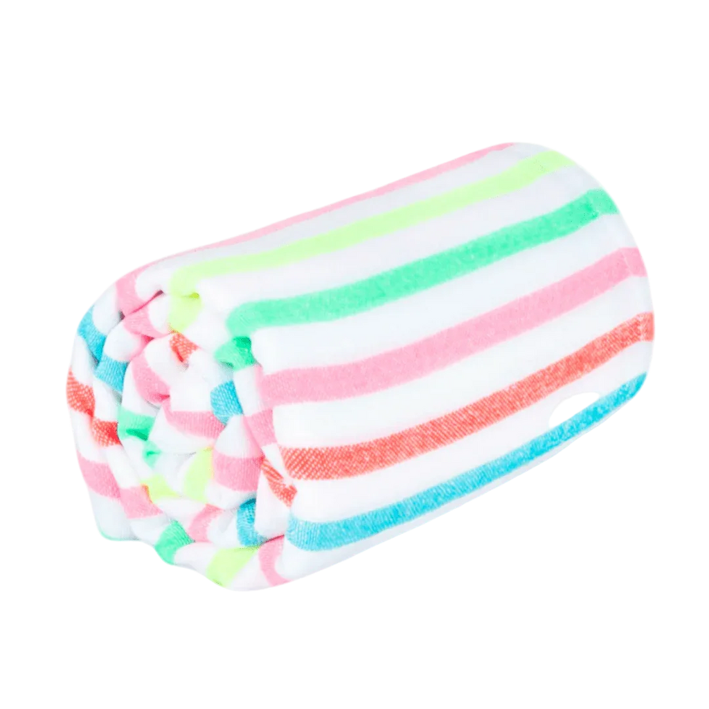 Rolled soft towel with colorful pastel stripes in green, pink, blue, and red on white