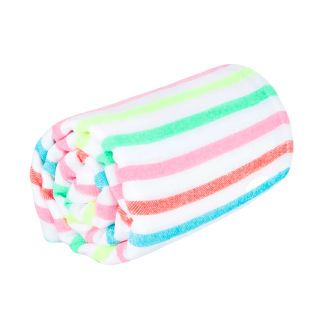 Rolled soft towel with colorful pastel stripes in green, pink, blue, and red on white