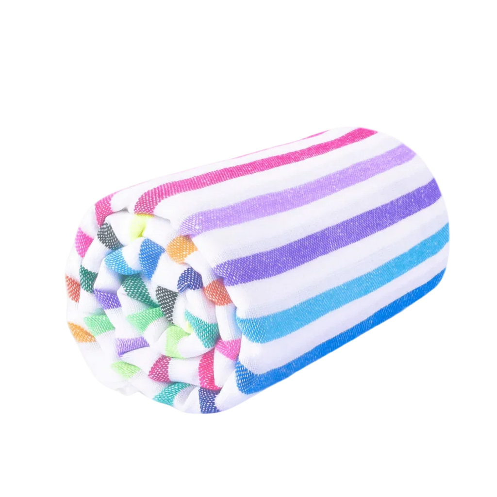 Rolled soft towel with colorful horizontal stripes on white background