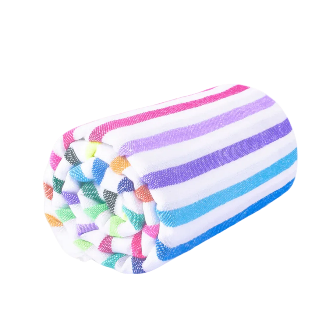 Rolled soft towel with colorful horizontal stripes on white background