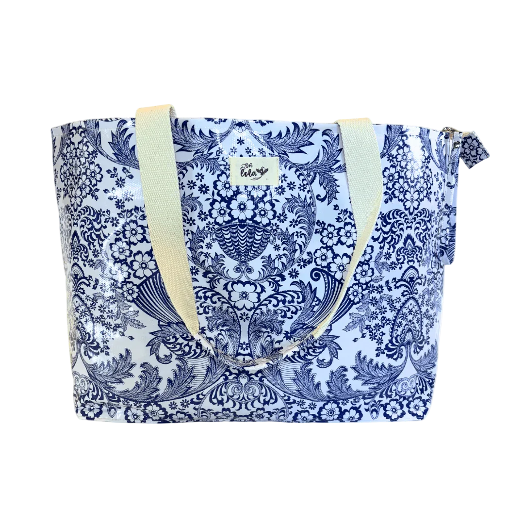 White tote bag with blue floral damask pattern and cream handles, Oh Lola label