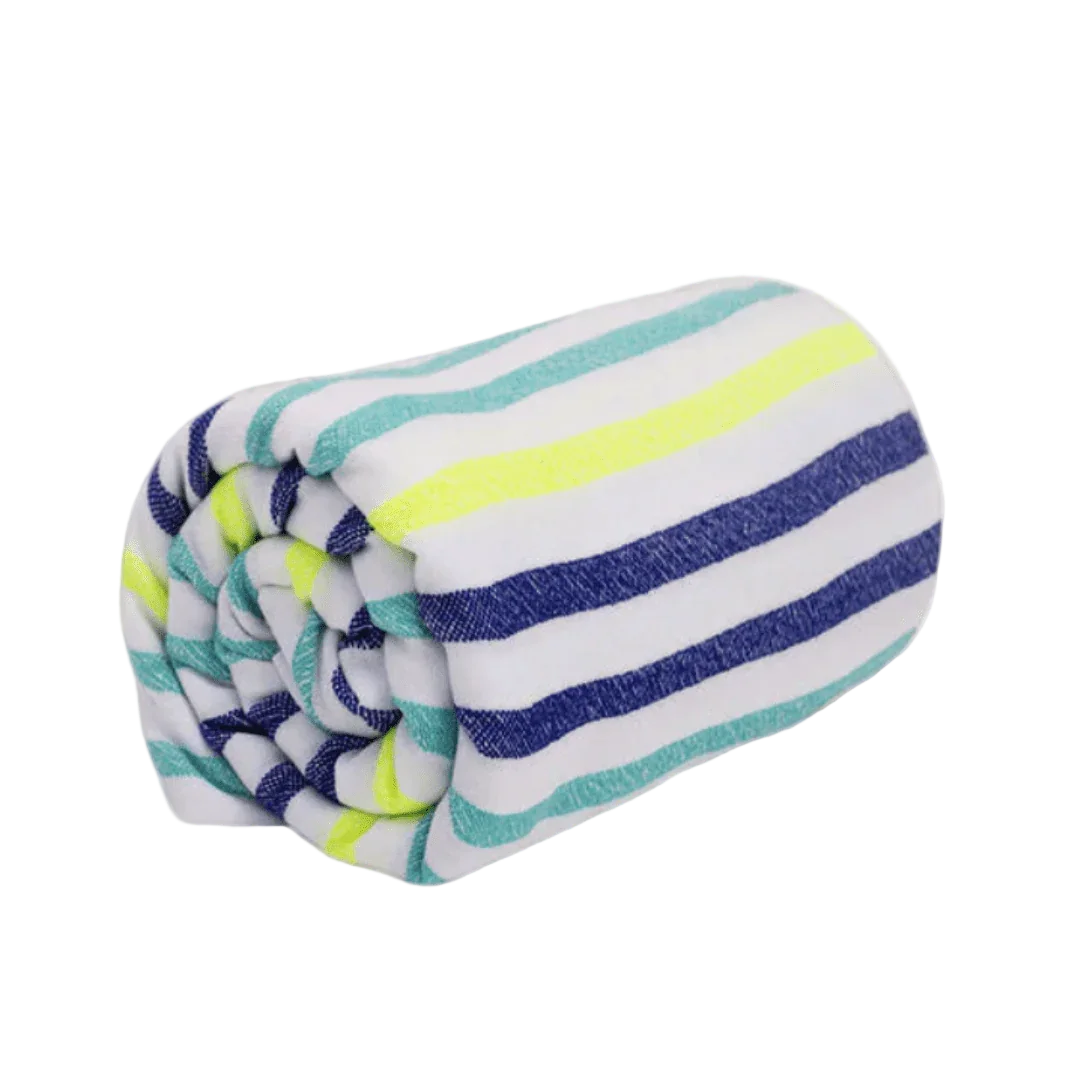 Rolled beach towel with white, navy, turquoise, and yellow stripes on white background