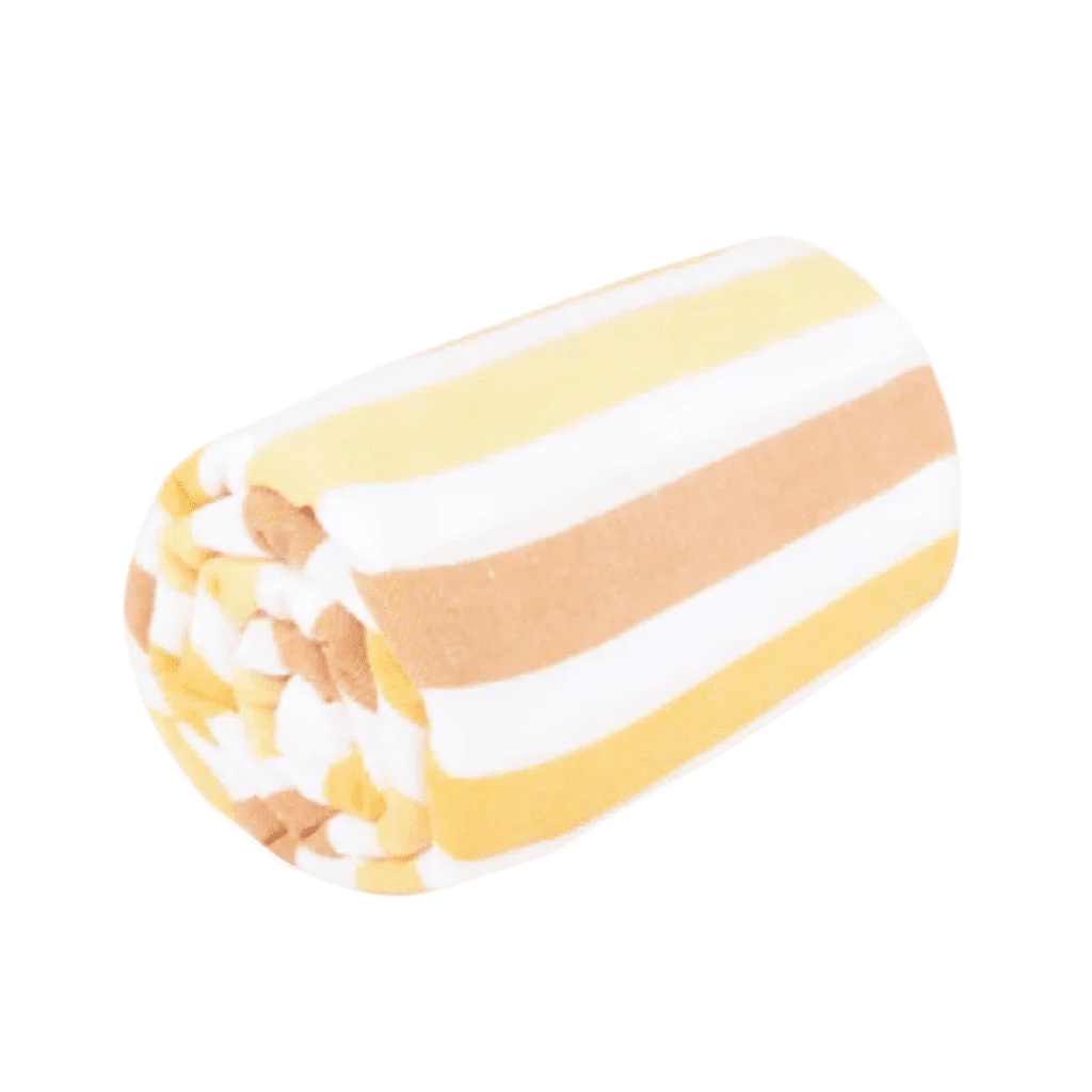 Rolled beach towel with yellow, white, and light brown stripes on white background
