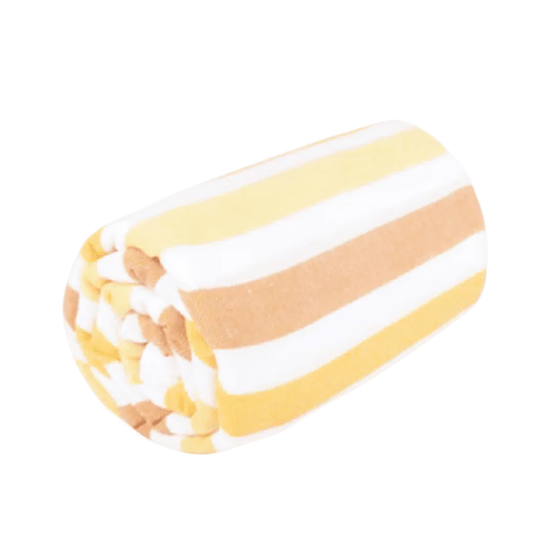 Rolled beach towel with yellow, white, and light brown stripes on white background