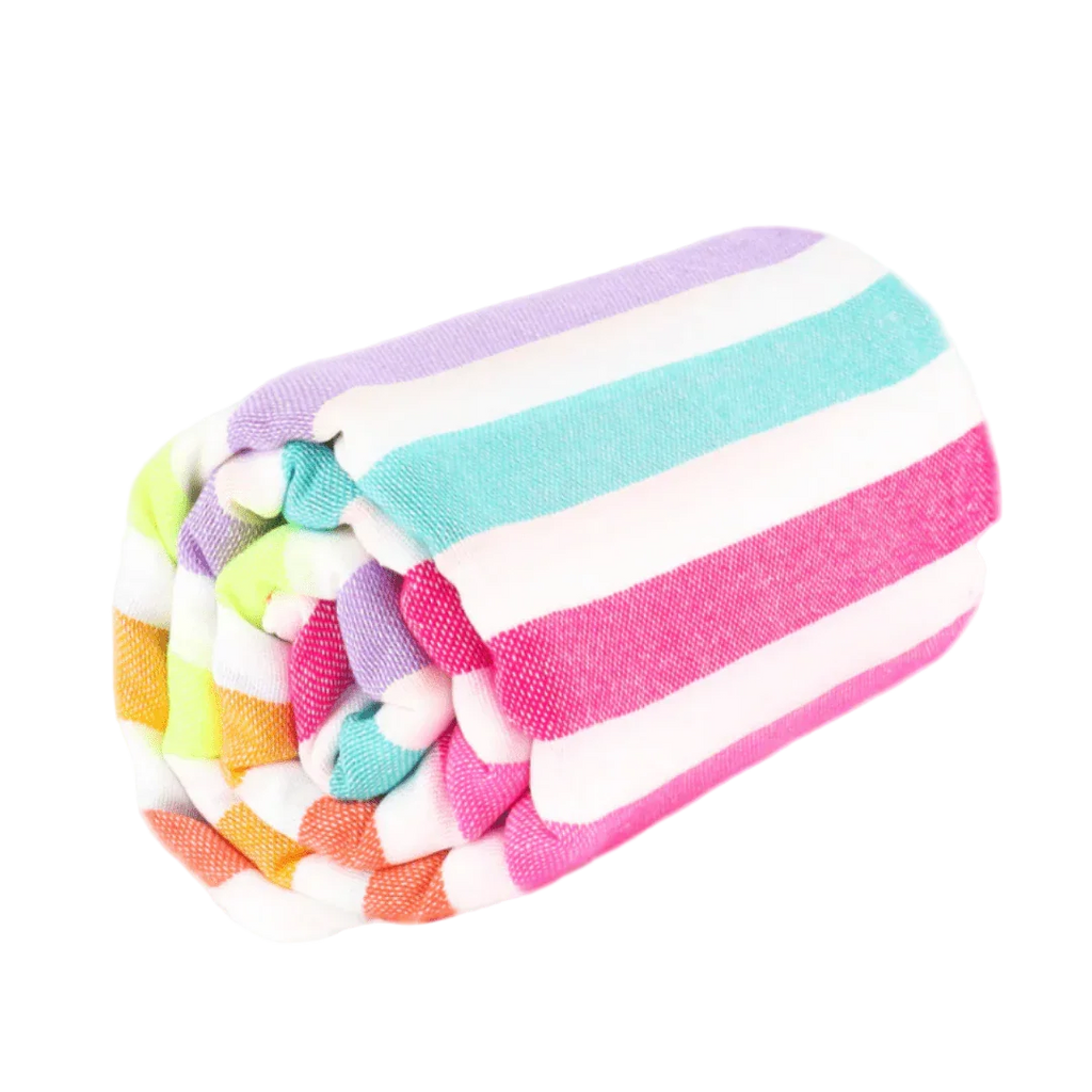Rolled colorful striped beach towel with pink, purple, turquoise, orange, and yellow stripes