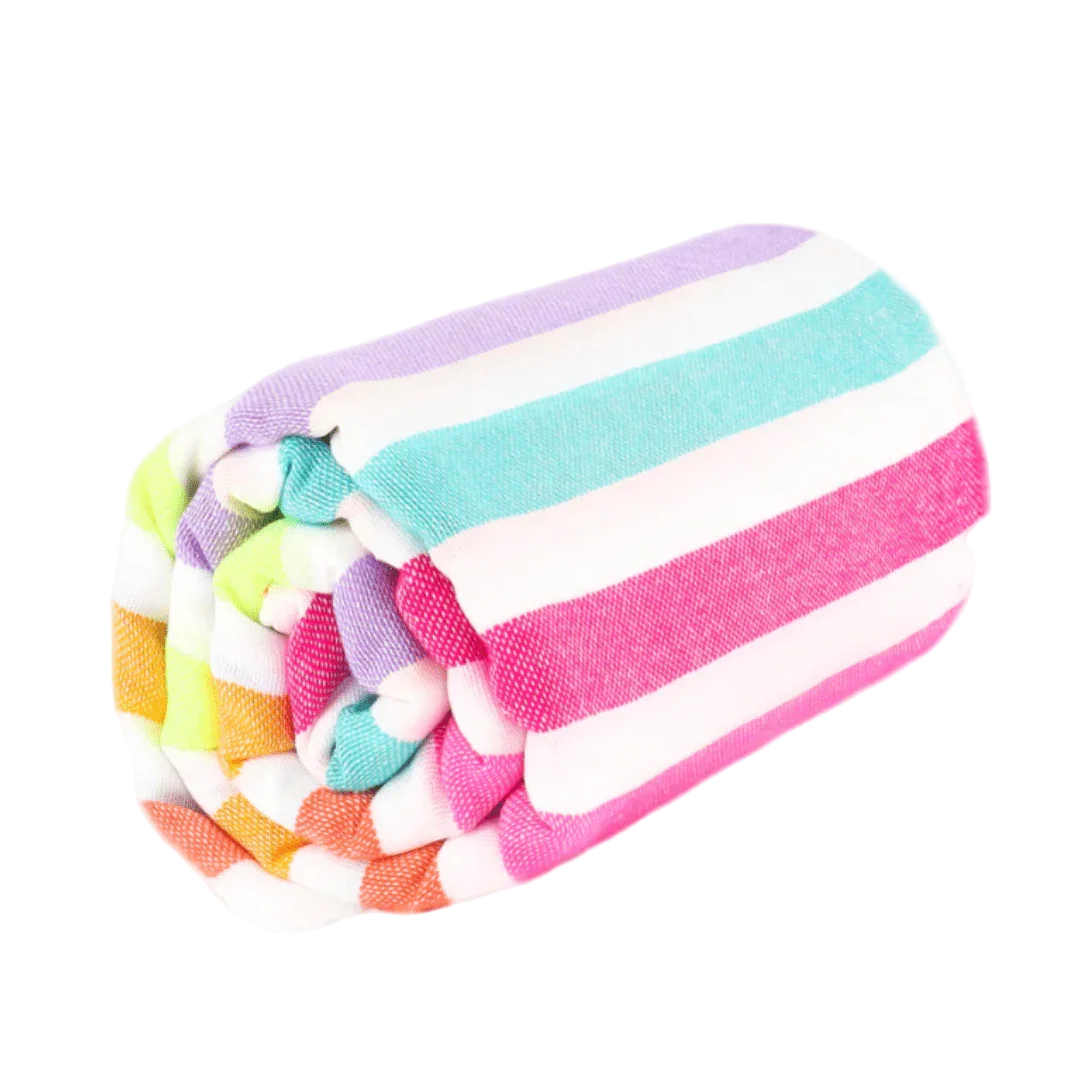 Rolled colorful striped beach towel with pink, purple, turquoise, orange, and yellow stripes