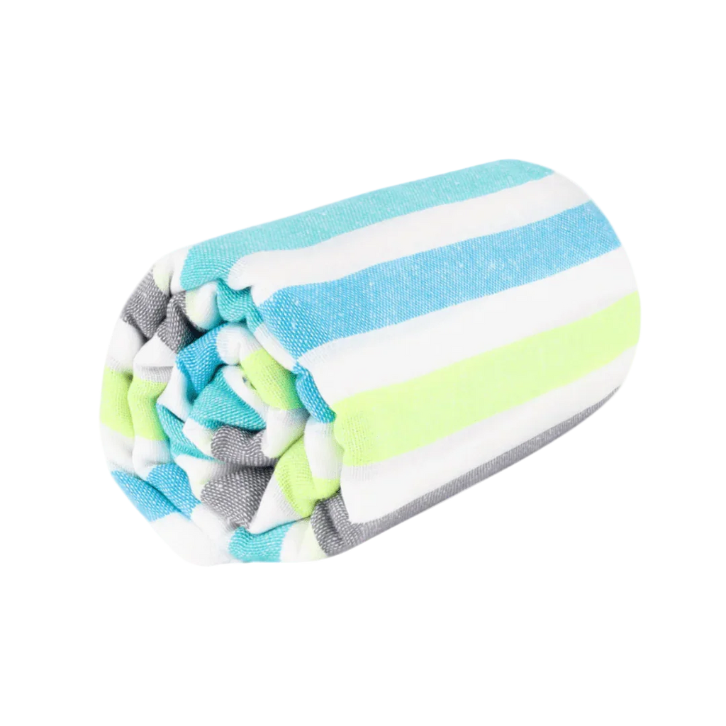 Rolled colorful striped beach towel with blue, green, gray, and white stripes
