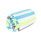 Rolled colorful striped beach towel with blue, green, gray, and white stripes