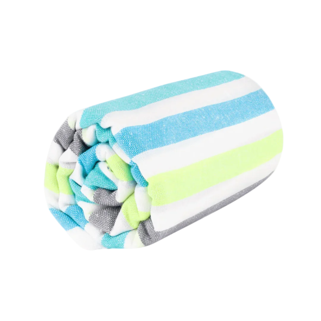 Rolled colorful striped beach towel with blue, green, gray, and white stripes