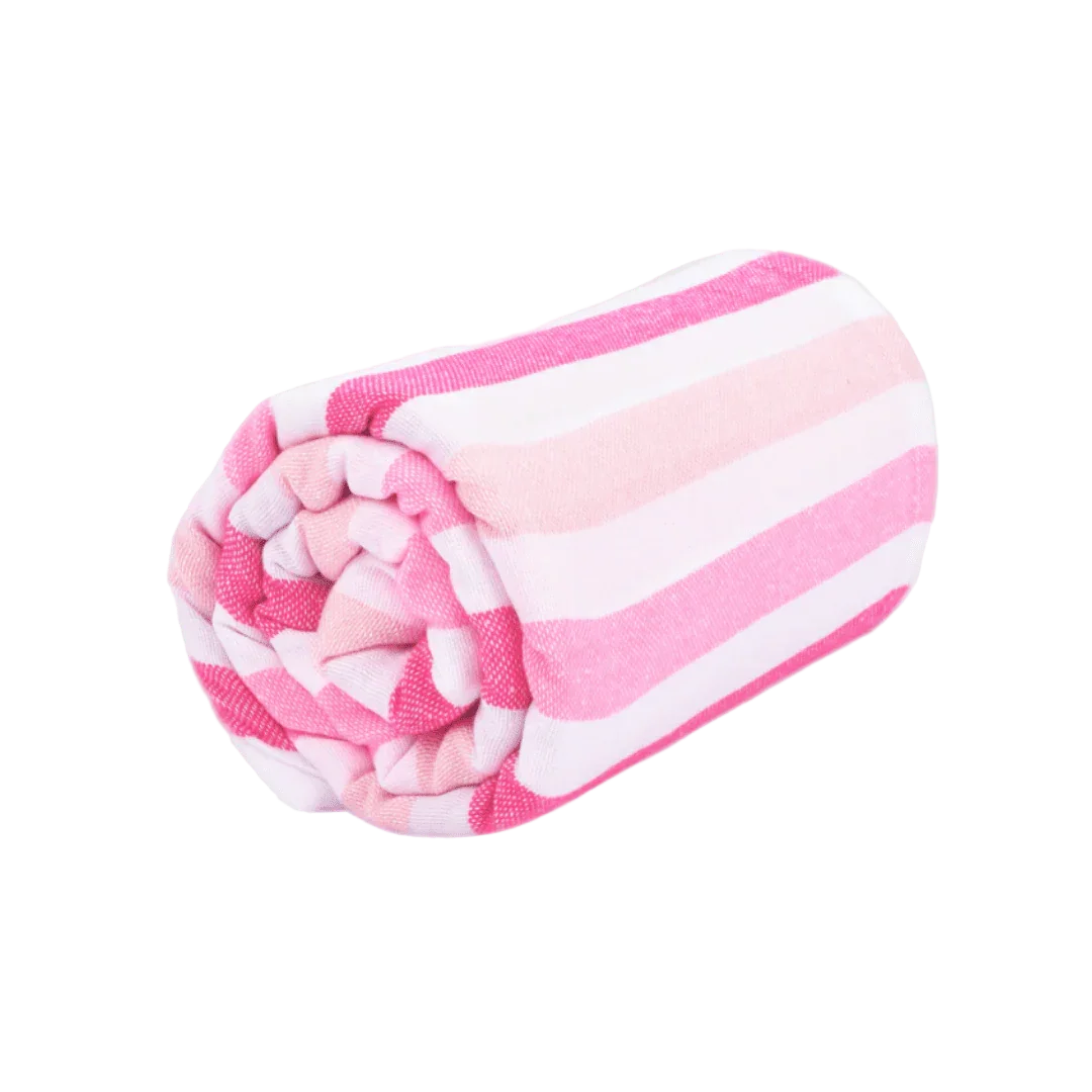 Rolled pink and white striped beach towel on white background