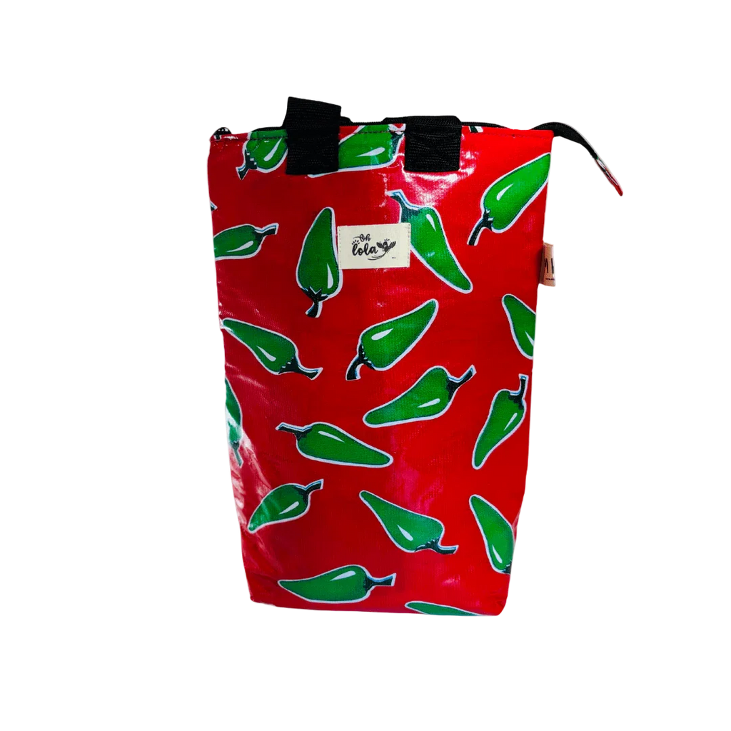 Red reusable bag with green chili pepper pattern and black handles, Lola brand label