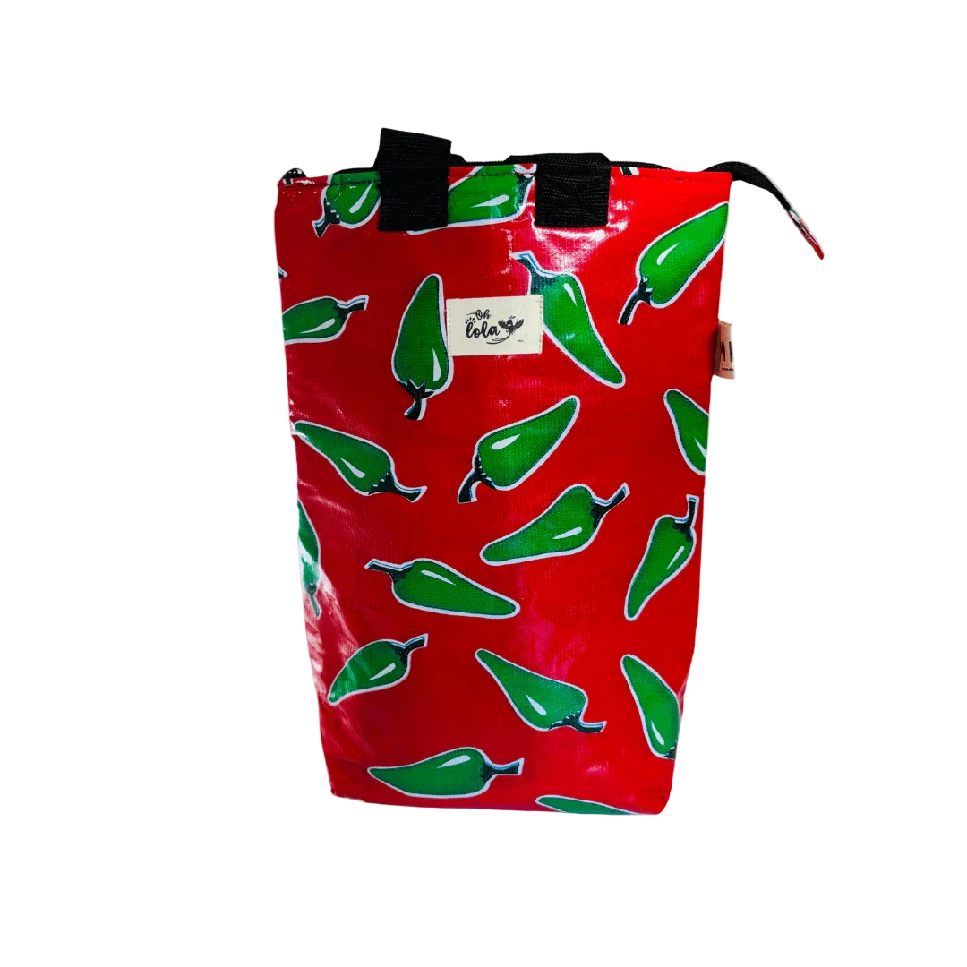 Red reusable bag with green chili pepper pattern and black handles, Lola brand label