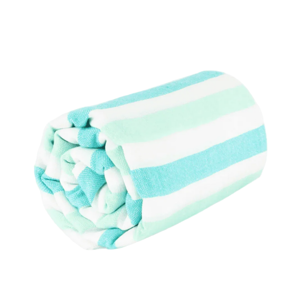 Rolled beach towel with white and aqua blue stripes on a white background