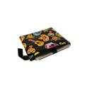 Black laptop sleeve with colorful Day of the Dead skulls, guitars, maracas, and flowers pattern
