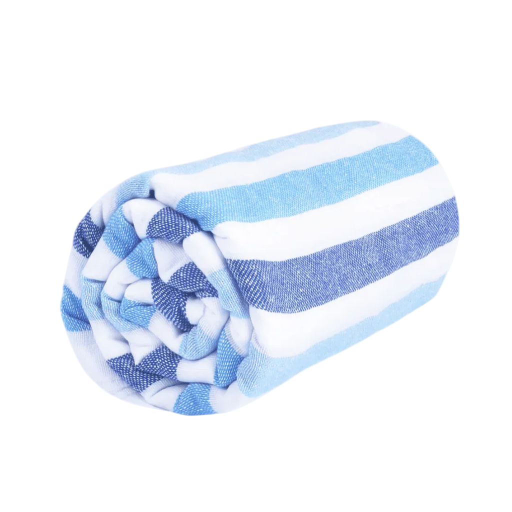 Rolled blue and white striped cotton towel on white background
