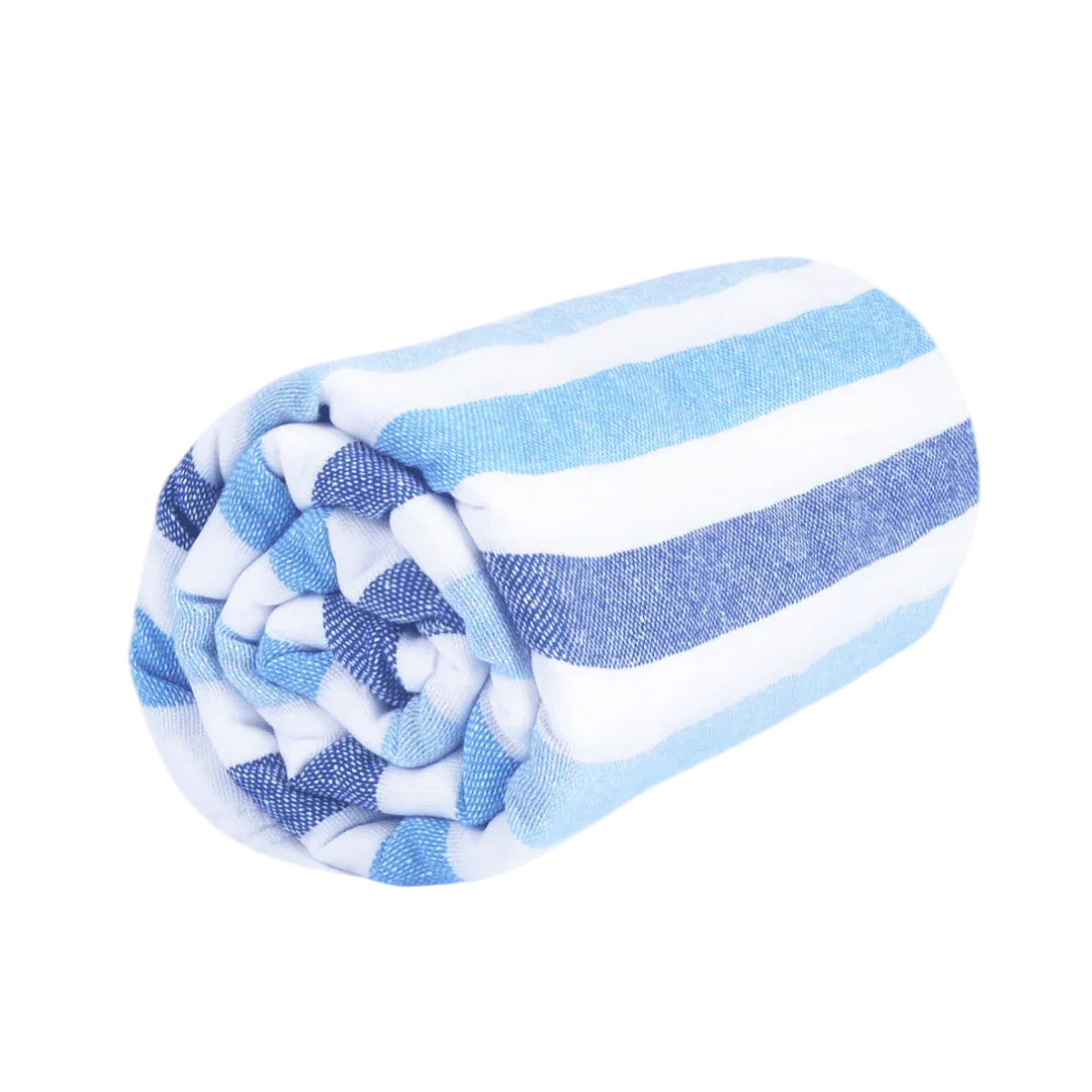 Rolled blue and white striped cotton towel on white background