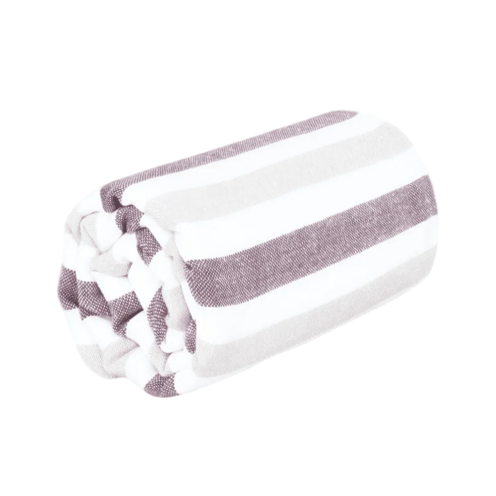 Rolled cotton towel with white and gray stripes isolated on white background