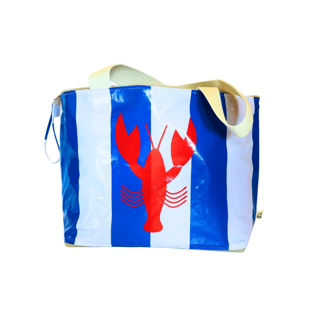 Tote bag with blue and white stripes and a red lobster design on a white background
