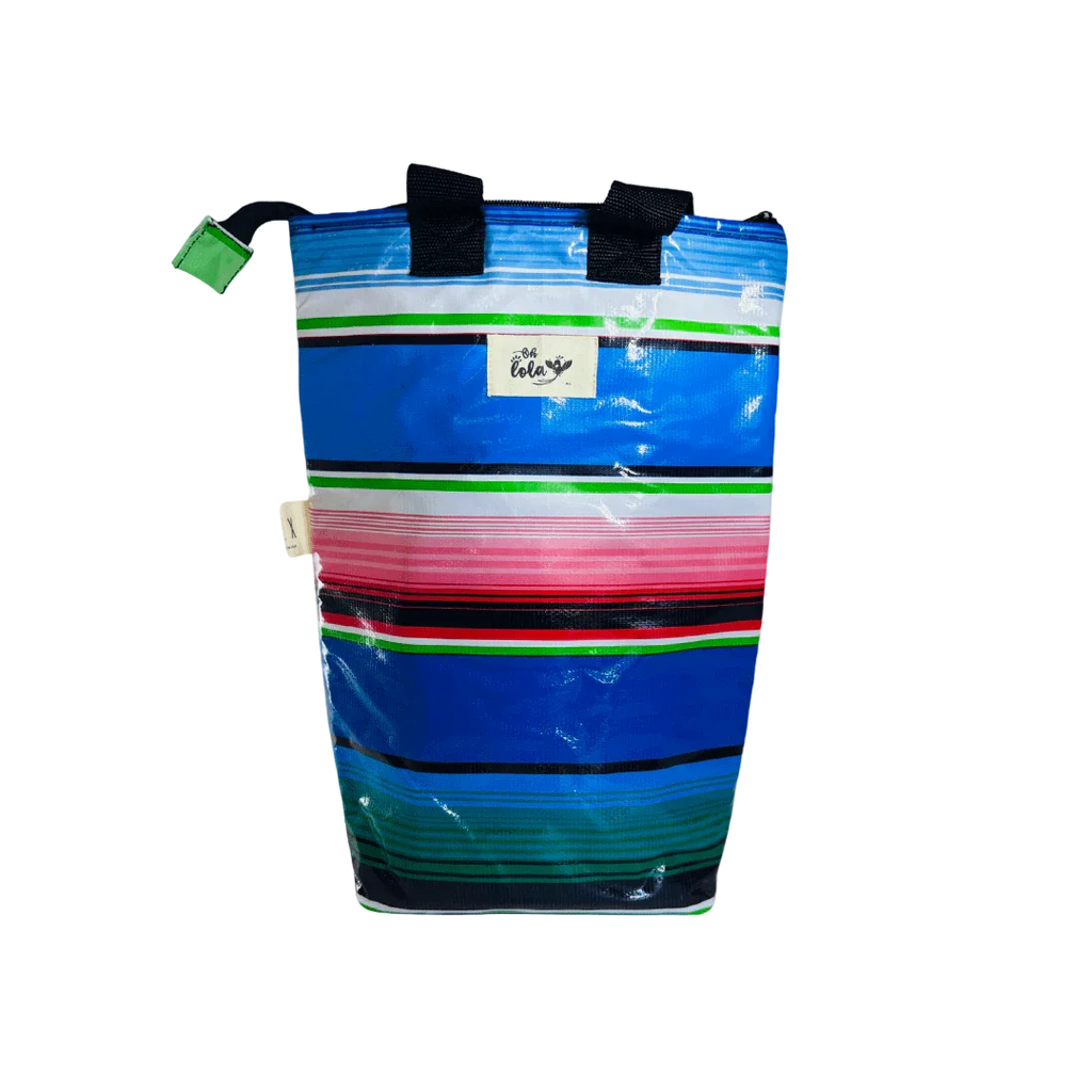 Colorful striped insulated lunch bag with blue, green, pink, and black stripes and black handles