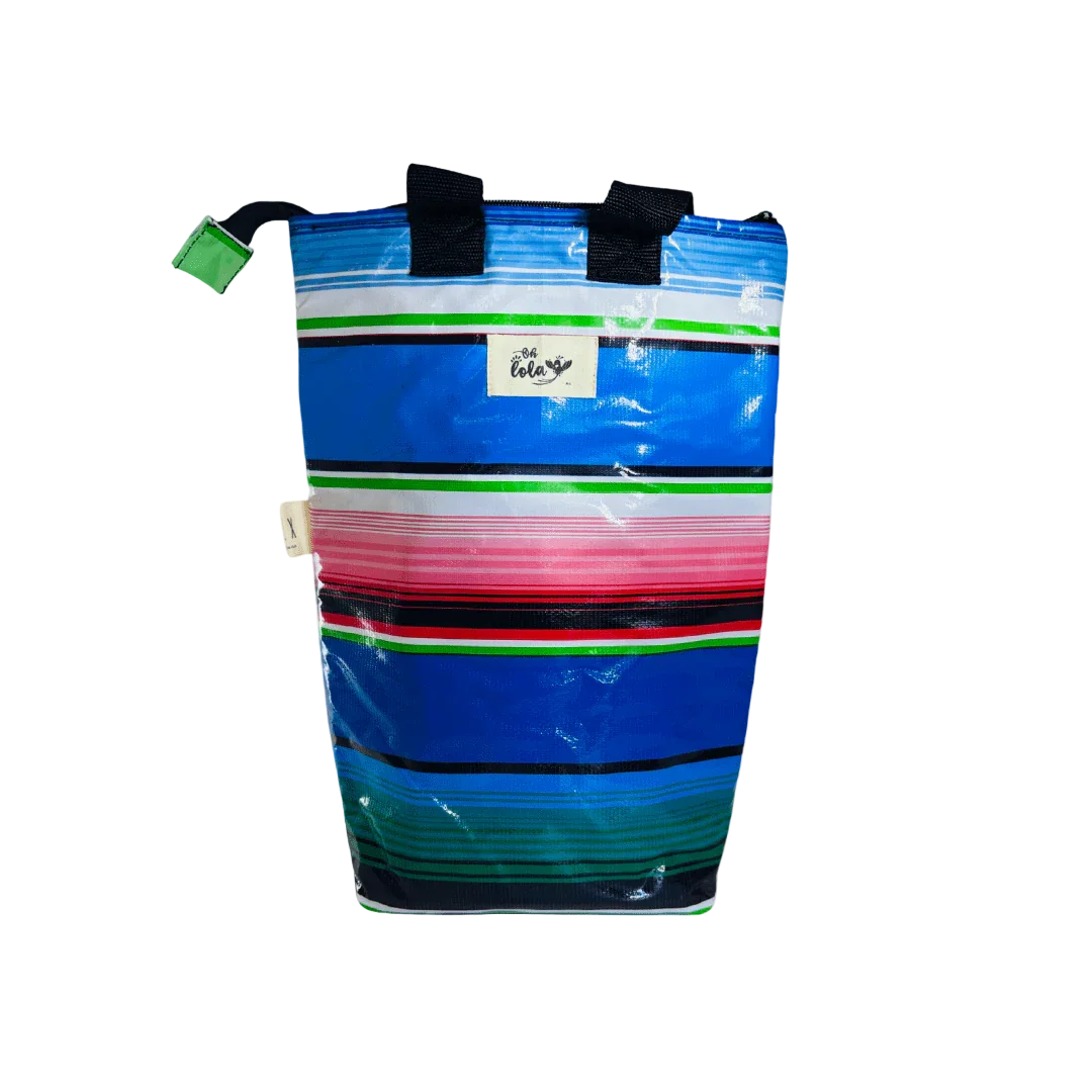 Colorful striped insulated lunch bag with blue, green, pink, and black stripes and black handles