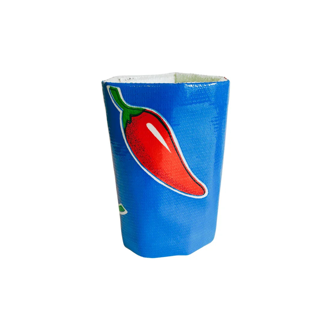 Blue fabric planter pot with a red chili pepper illustration on white background