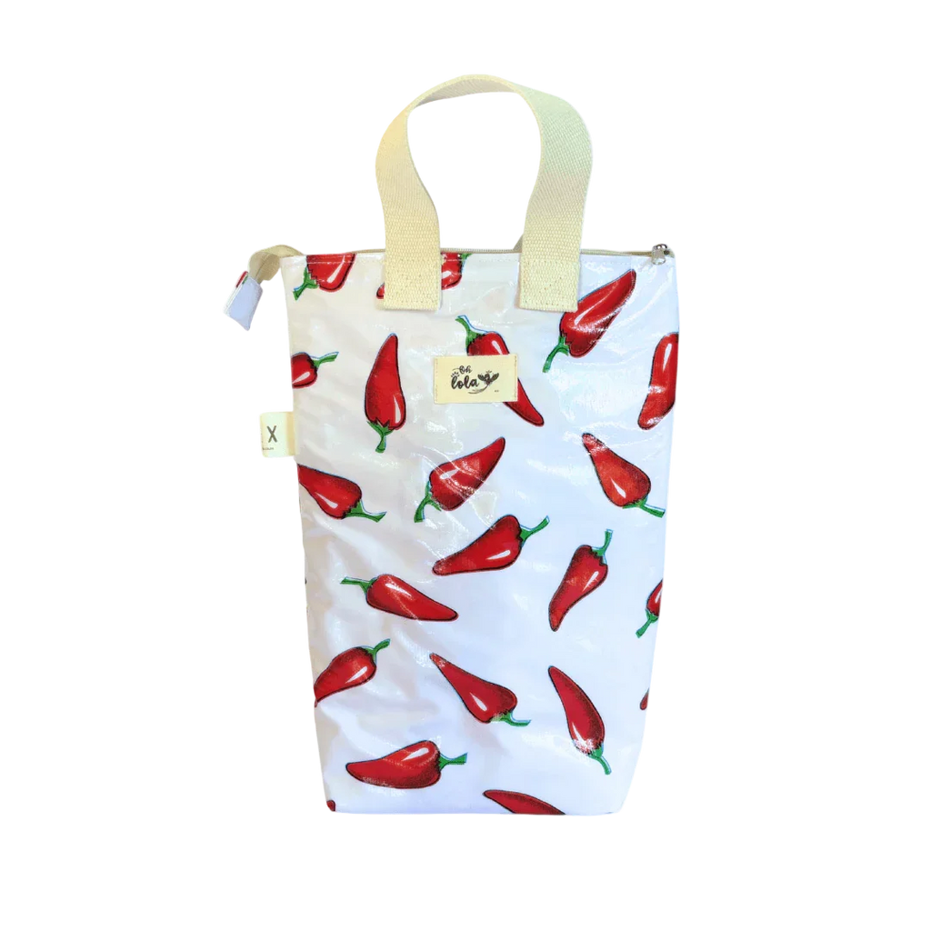 White zippered bag with red chili pepper print and beige fabric handles, designed for storage