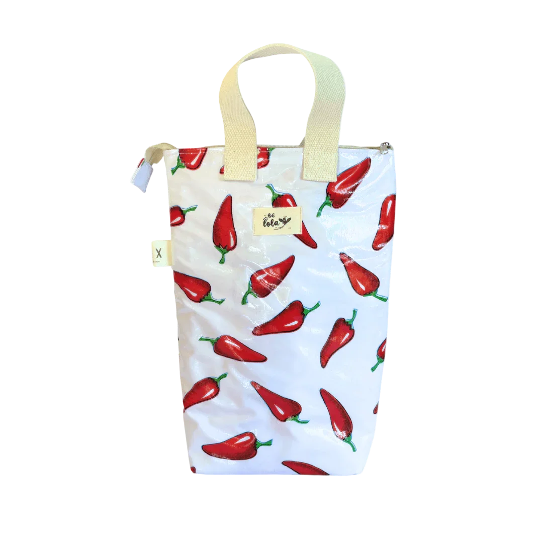 White zippered bag with red chili pepper print and beige fabric handles, designed for storage