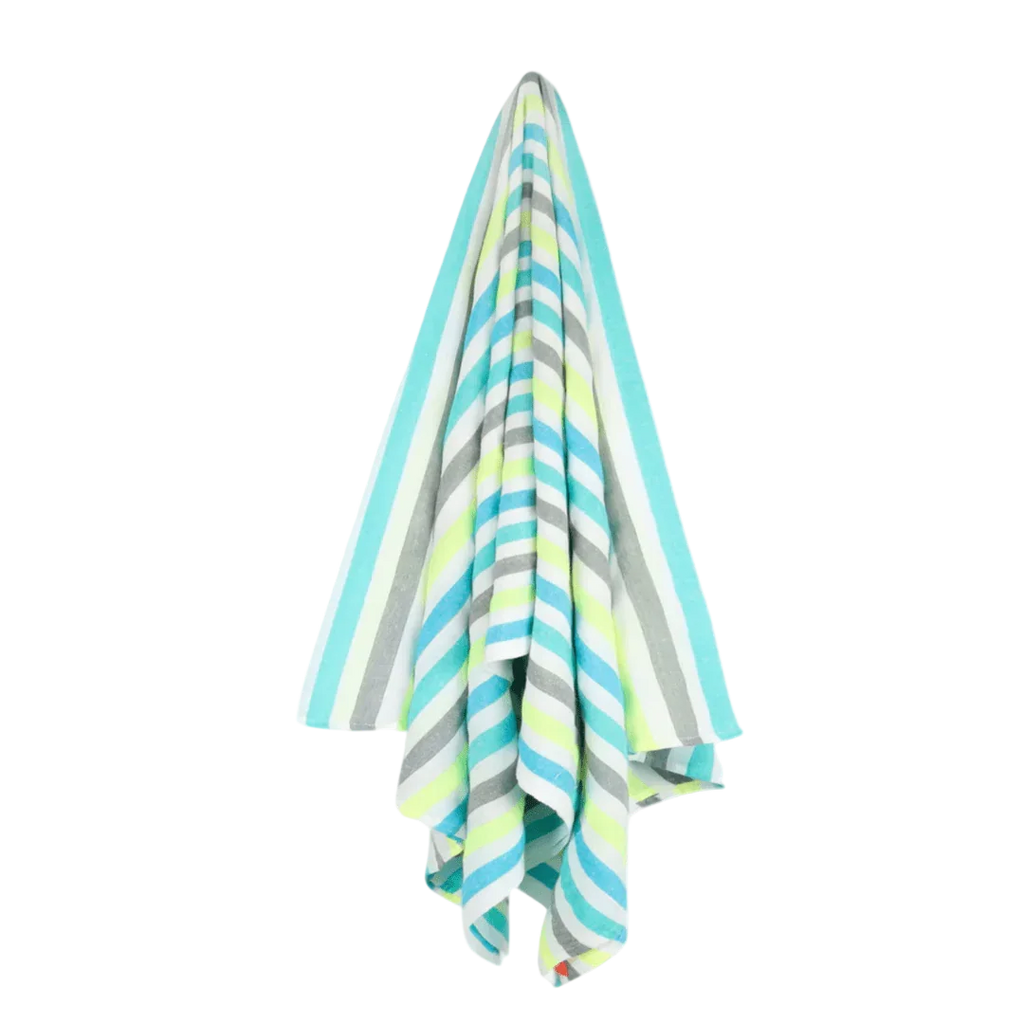 Multicolor striped towel hanging, featuring blue, gray, yellow, green, and white stripes