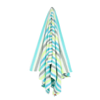 Multicolor striped towel hanging, featuring blue, gray, yellow, green, and white stripes