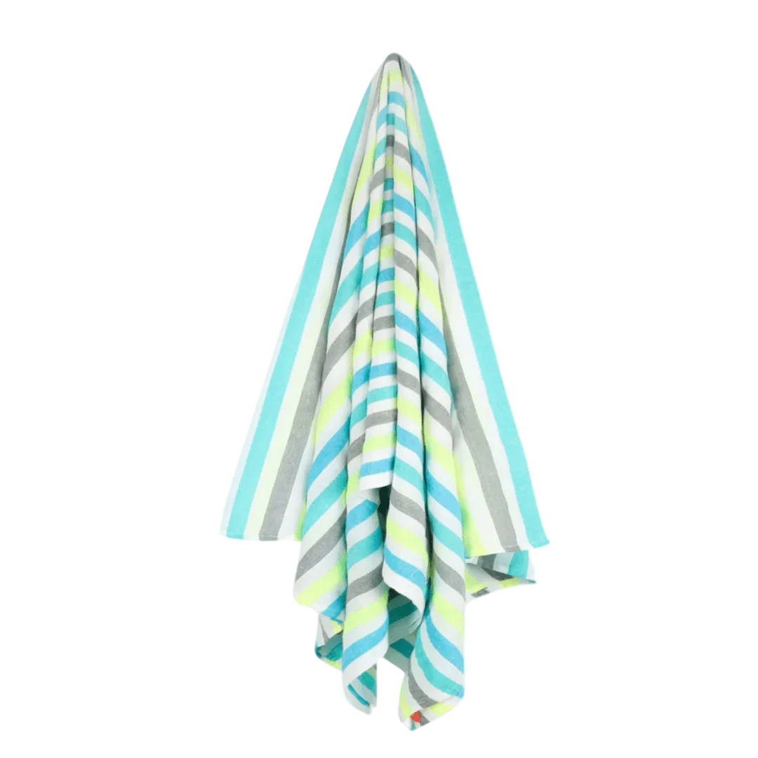 Multicolor striped towel hanging, featuring blue, gray, yellow, green, and white stripes