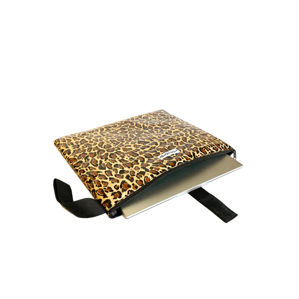 Leopard print laptop sleeve with zipper, partially open showing silver laptop inside