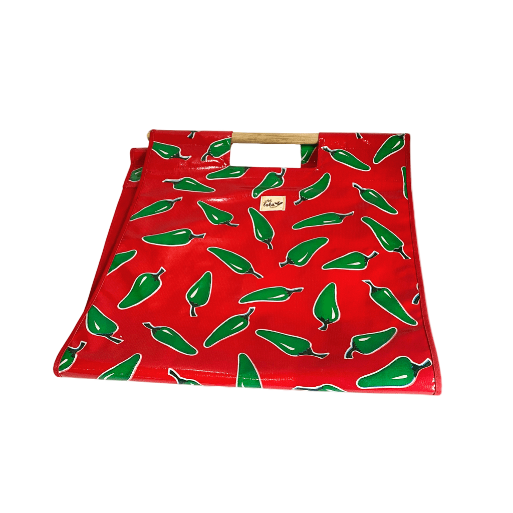 Red tote bag with wooden handle and green chili pepper pattern, colorful reusable shopping bag