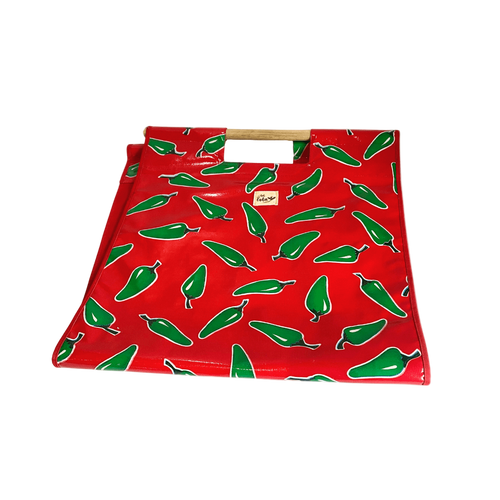 Red tote bag with wooden handle and green chili pepper pattern, colorful reusable shopping bag
