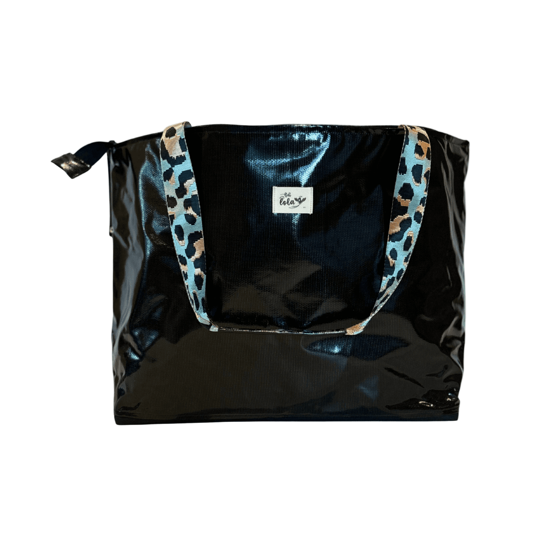Black bag with leopard print handles on a white background