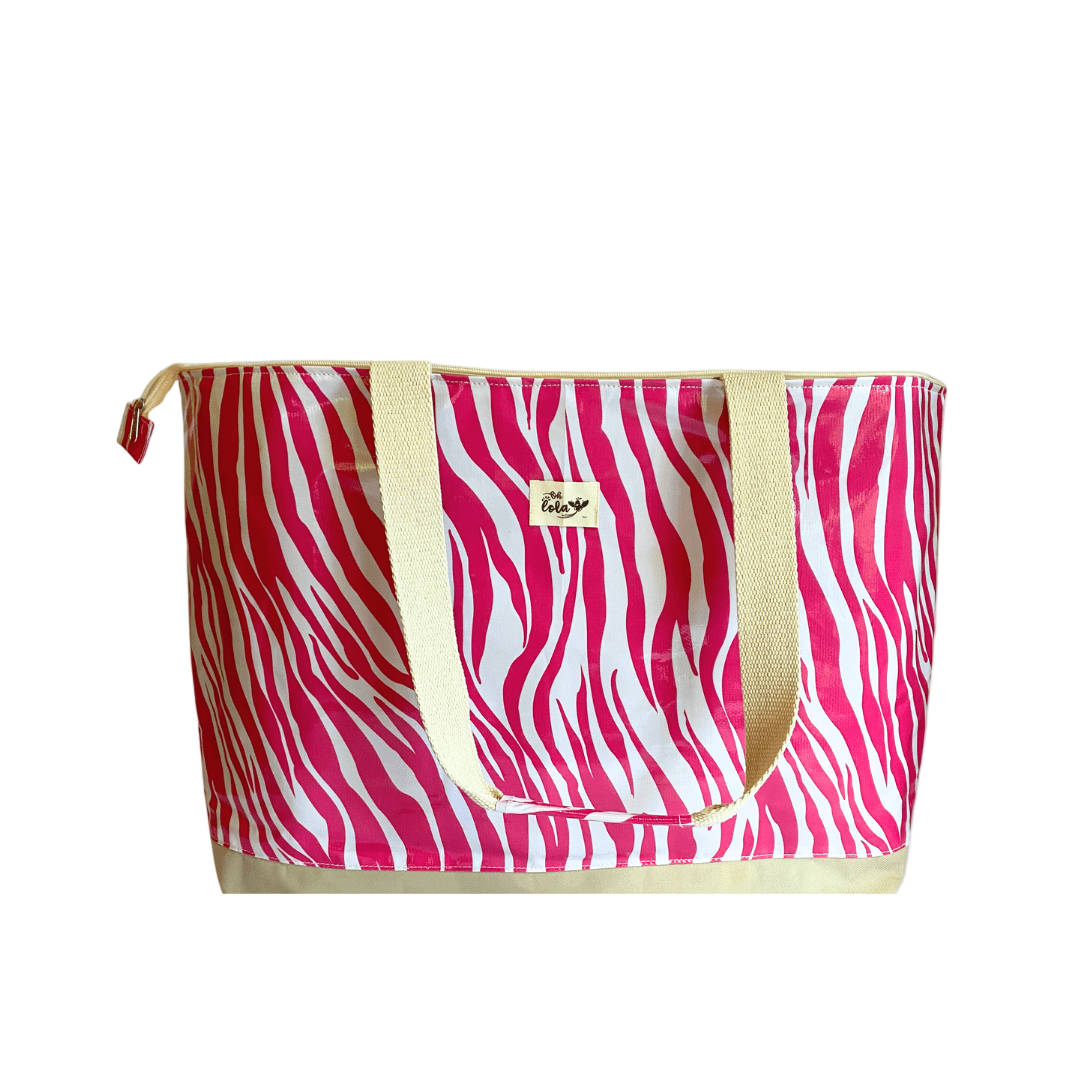 Tote bag with pink and white zebra pattern on a white background