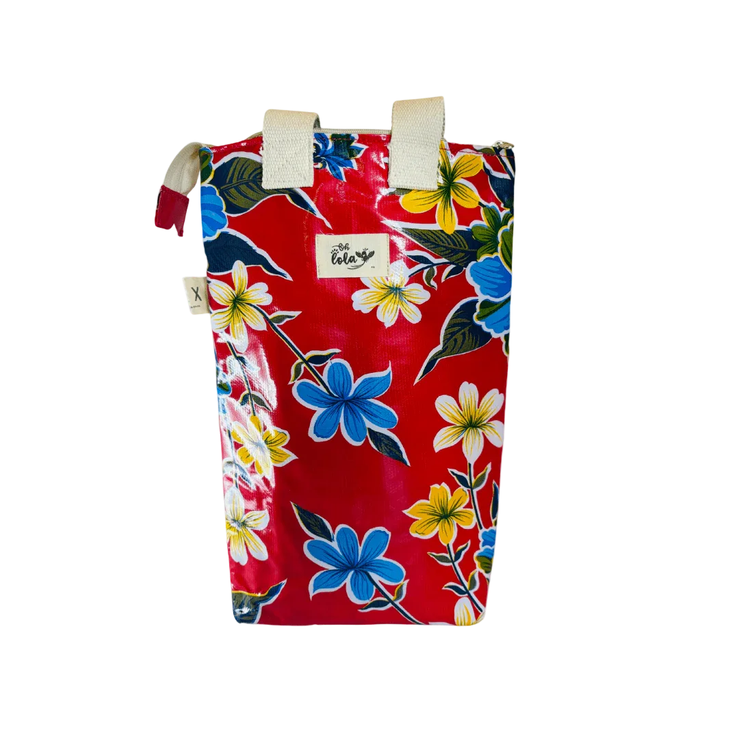 Red floral insulated lunch bag with yellow and blue flowers and beige handles