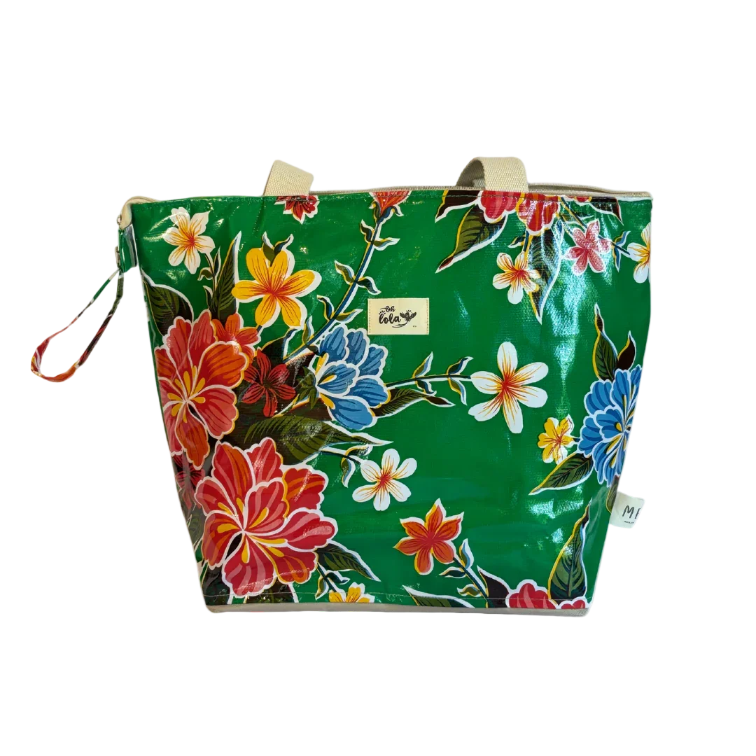 Green floral tote bag with red, yellow, blue, and white flowers, beige handles, and zip closure