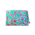Floral patterned pouch with pink flowers on a teal background