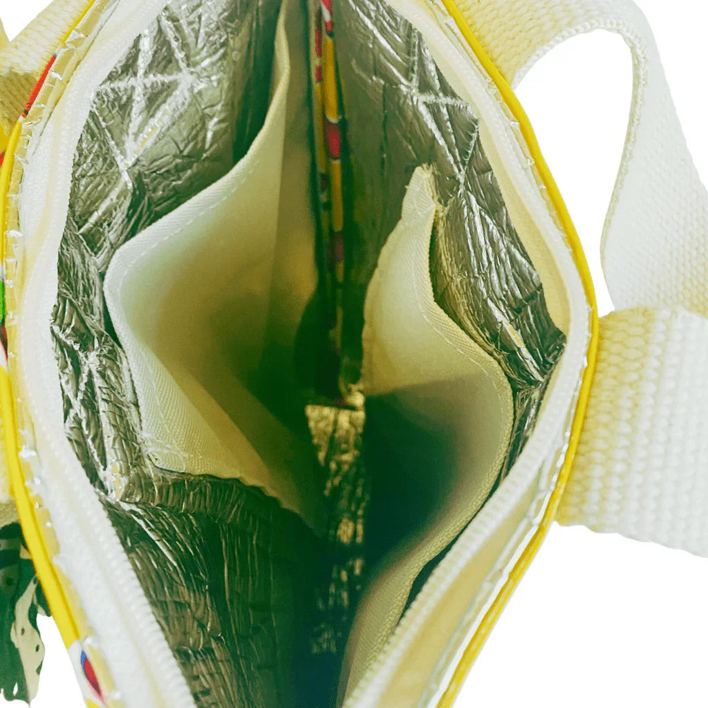 Top view of insulated cooler bag with silver thermal lining and white fabric pockets