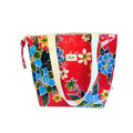 Red floral tote bag with blue and yellow flowers, white handles, and a small label