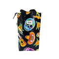 Black bag with colorful Day of the Dead sugar skulls, sombreros, marigold flowers, and guitar designs