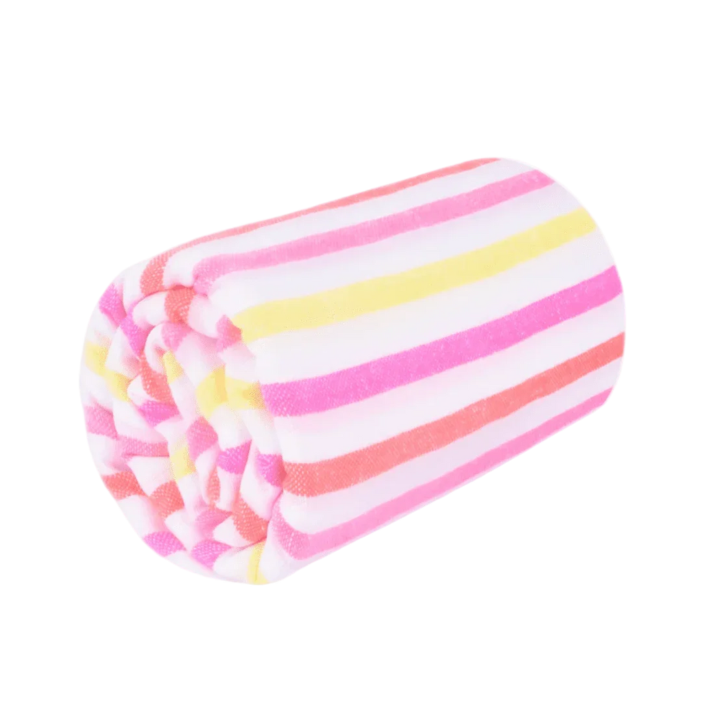 Rolled soft towel with pink, yellow, orange, and white stripes on a white background
