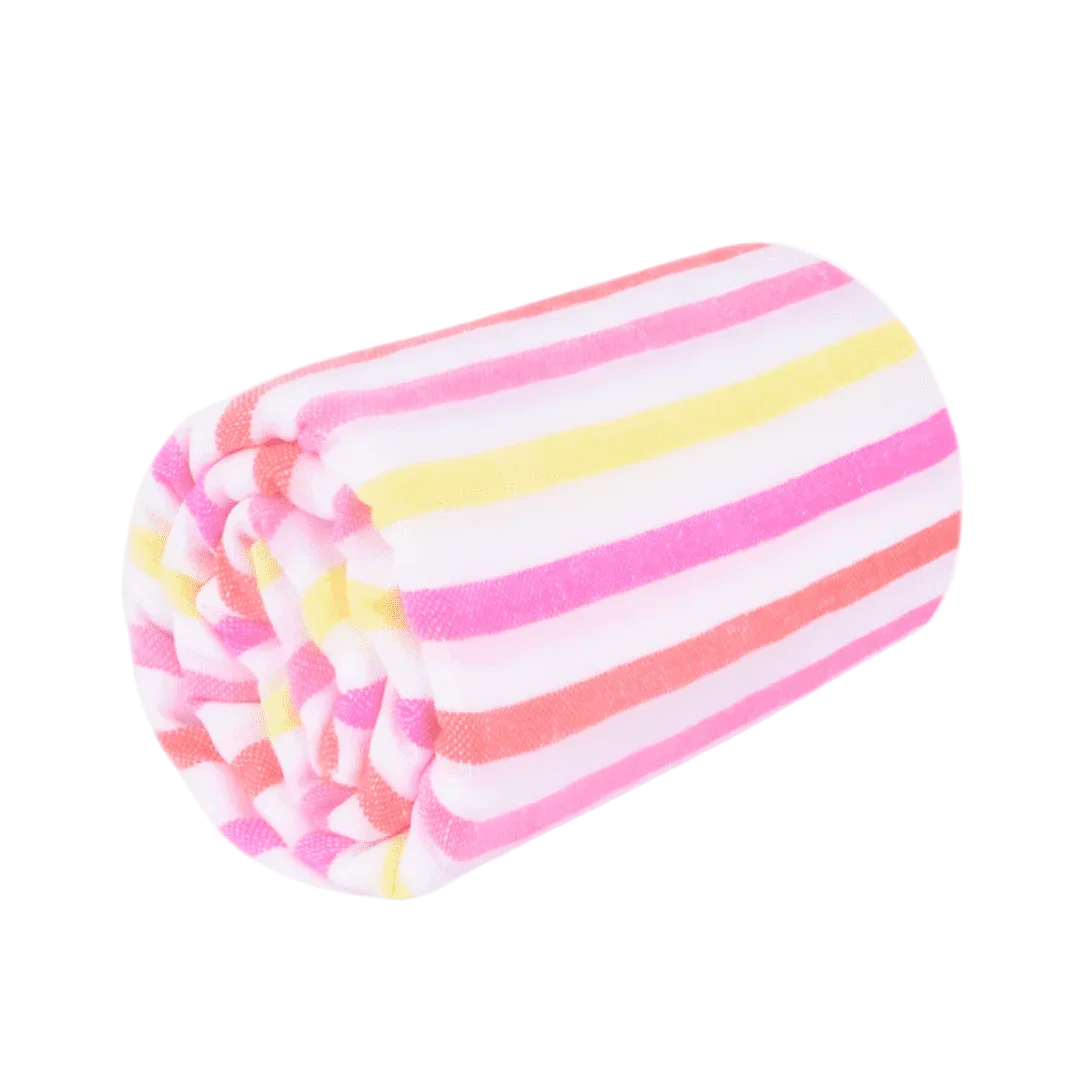 Rolled soft towel with pink, yellow, orange, and white stripes on a white background