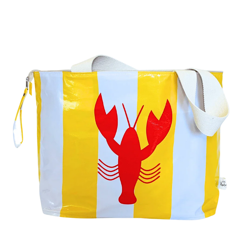 Bag with a red lobster design on a yellow and white striped background