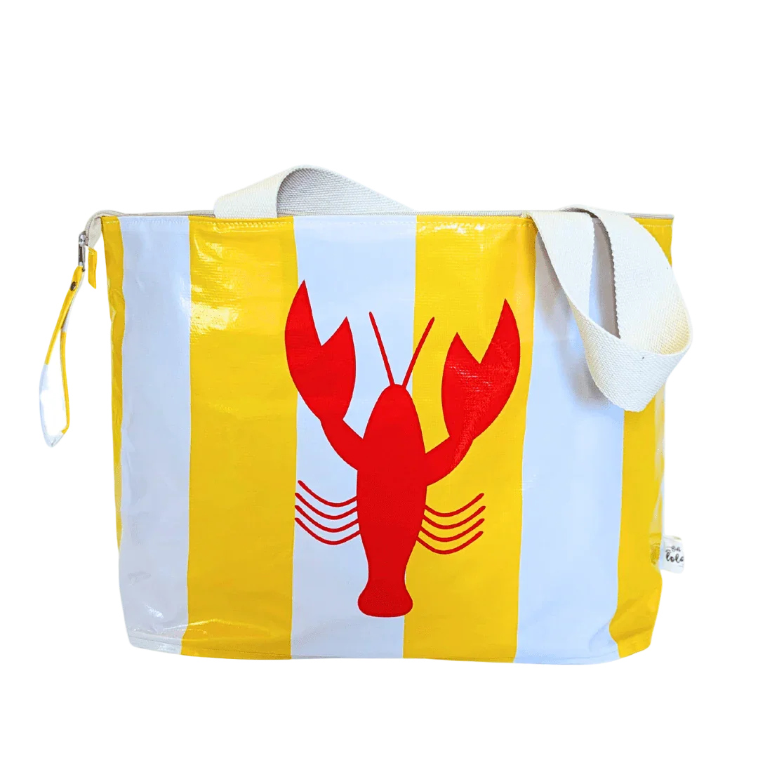 Bag with a red lobster design on a yellow and white striped background